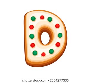 Christmas gingerbread letter D decorated with red and green icing, holiday bakery english pastry alphabet conveying festive and sweet cheer. Isolated cartoon vector xmas font, typeface, new year type