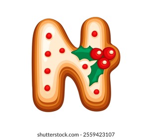 Christmas gingerbread letter N cookie featuring festive decorations with holly leaves and berries. Cartoon vector festive font, xmas typeface, new year type, English pastry alphabet for kids education