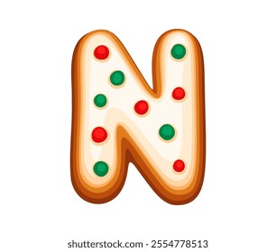 Christmas gingerbread letter N decorated with red and green icing dots, capturing festive spirit of holiday joy. Isolated cartoon vector cookie font, xmas, new year abc type, English pastry alphabet