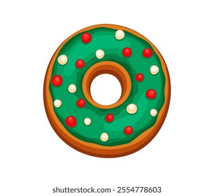 Christmas gingerbread letter O decorated with green icing and red and white sprinkles, holiday festive typography. Isolated cartoon vector font, xmas typeface, new year type, English pastry alphabet