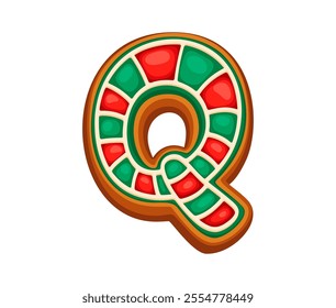 Christmas gingerbread letter Q adorned with vibrant red and green decorations. Isolated cartoon vector gingerbread font, xmas typeface, new year type, English pastry alphabet for holiday season