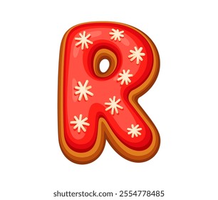 Christmas gingerbread letter R with bright red icing and star shaped snowflake decorations. Isolated cartoon vector gingerbread font, xmas typeface, new year type, english pastry alphabet for holiday