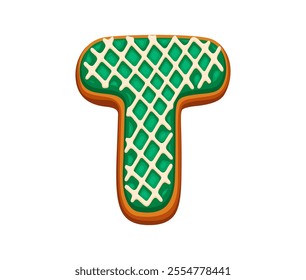 Christmas gingerbread letter T with green icing and white patterns. Isolated cartoon vector xmas font abc character, typeface, new year type, English pastry alphabet. Festive holiday biscuit cookie