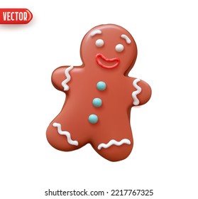 Christmas gingerbread man biscuit brown color. Realistic 3d cartoon style design. Xmas Holiday icon, Festive decorative element man cookies. isolated on white background. vector illustration