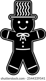 Christmas Gingerbread Man Black Silhouette. Vector Hand Drawn Illustration Isolated On Transparent Background