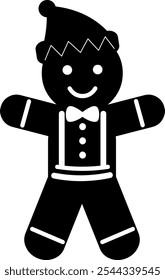 Christmas Gingerbread Man Black Silhouette. Vector Hand Drawn Illustration Isolated On Transparent Background