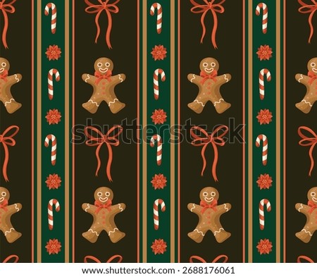 Christmas gingerbread man bow cookie star stocking bell poinsettia candy cane vector isolated pattern.