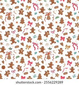 Christmas gingerbread man, bow knots, ribbons seamless pattern. Tasty winter holidays cookies, food, dessert vector repeat background. New year baking textile, wallpaper, print, wrapping, gift paper.