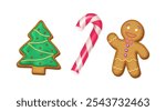 Christmas gingerbread man candy cane and fir tree realistic color icons set. New Year sweets adding touch of festive cheer 3d objects on white