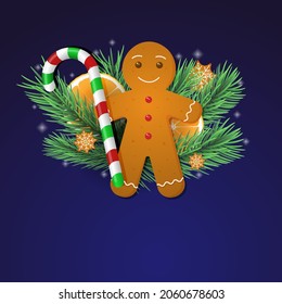 A Christmas gingerbread man with a  candy cane, orange slices and branches of a Christmas tree.