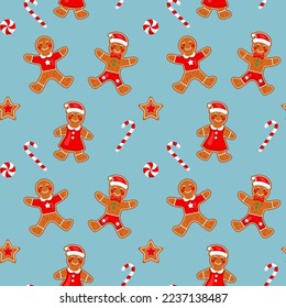 Christmas gingerbread man, candy cane pattern. Repeat candies for wrapping paper, wallpaper design. Winter holidays textile. Noel traditional ornament. Vector seamless tidy background
