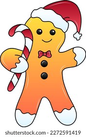 Christmas Gingerbread man with candy cane vector illustration