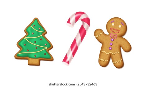 Christmas gingerbread man candy cane and fir tree realistic color icons set. New Year sweets adding touch of festive cheer 3d objects on white