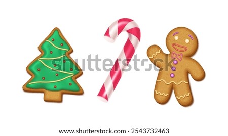 Christmas gingerbread man candy cane and fir tree realistic color icons set. New Year sweets adding touch of festive cheer 3d objects on white