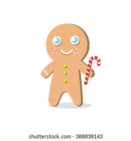 Christmas gingerbread man with candy, flat vector illustration,  new year, cartoon, 
Illustration of a happy xmas gingerbread man, logo template  
