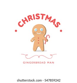 Christmas gingerbread man with candy, flat vector illustration,  new year, cartoon, 
Illustration of a happy xmas gingerbread man, logo template  