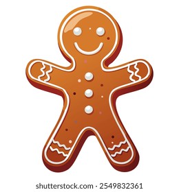 Christmas gingerbread man in cartoon style. Cute baked holiday cookie character isolated on white background. Homemade sweets and cookies. Vector illustration