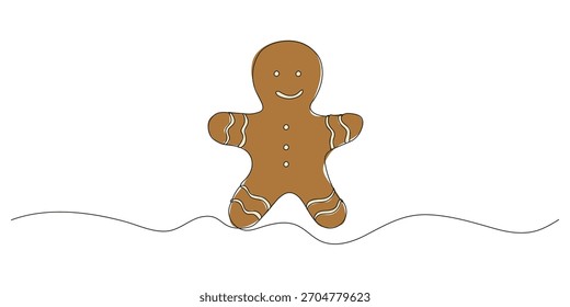 Christmas gingerbread man Continuous one line drawing on white background.