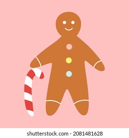Christmas gingerbread man cookie with candy cane. Happy new year. Vector clipart illustration hand draw.