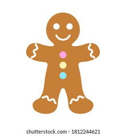 Christmas gingerbread man cookie. Ginger bread man with white, pink, yellow and blue icing decoration. Vector cartoon illustration in flat style. Christmas and New Year vector icon. Xmas symbol