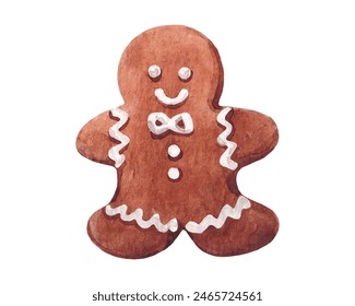 Christmas Gingerbread Man Cookie, Hand drawn Watercolor texture Vector Illustration isolated on white background