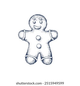 Natal gengibre homem biscoito mão desenhada Ilustração vetorial isolada. Símbolo de esboço de biscoito de gengibre para menu de bar ou restaurante, cartaz de férias, design de cartão ou convite de ano novo. Estilo de gravação.