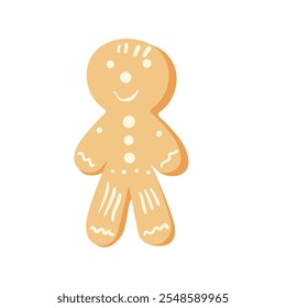 Christmas gingerbread man cookie Homemade festive baking. Holiday ugly sweet dessert with frosting decor isolated on white background. Vector hand drawn illustration