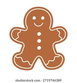 Christmas gingerbread man cookie with icing details. Cute festive dessert illustration isolated on white background. Perfect for holiday design, greeting card, packaging, and winter decor.