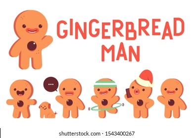 Christmas gingerbread man cookie vector characters set isolated on white background.