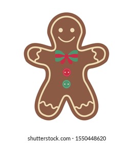 Christmas gingerbread man cookie. Vintage craft decoration toy from chocolate. New Year hand sew decor. Xmas ginger man spicy cookie, decorated crisp ginger biscuit for winter holiday.