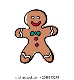 Christmas gingerbread man cookies in flat style isolated on white background. Holiday cookies in the shape of a man with a black outline. Drawn by hand as a sketch. Vector Christmas symbol.