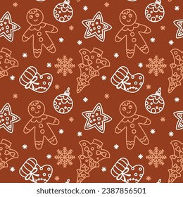 Christmas gingerbread man cookies and other traditional attributes. Seamless pattern on brown background. Vector.