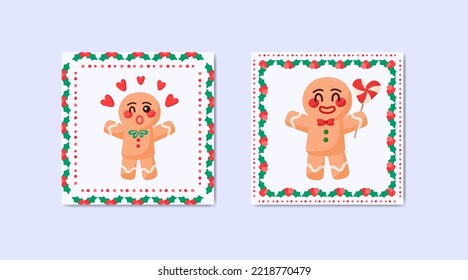 Christmas Gingerbread man cute postal mail stamps sticker set frame design. vector illustration.