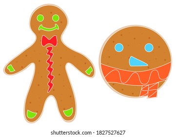 Christmas gingerbread man decorated colored icing. Holiday cookie in shape of man and circle. Isolated vector objects on white background