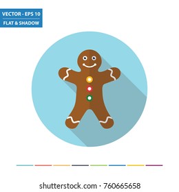 Christmas - Gingerbread man flat icon with long shadow. Vector Illustration.