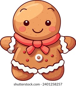 Christmas gingerbread man, hand drawn vector. Christmas tree cookies with scarf.