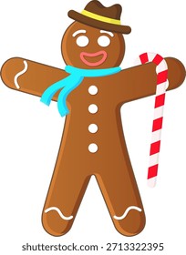 Christmas gingerbread man with hat and Christmas candy cane