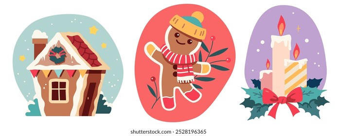 Christmas gingerbread man, house decorations set. Xmas festive candles with red ribbon bow, traditional gingerbread cookies decor. New Year winter holiday decorative elements flat vector illustration