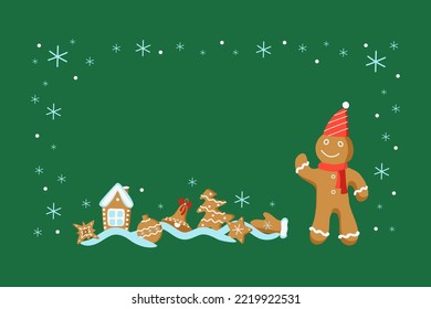Christmas gingerbread man, house, tree, stars and Christmas figurines. Fancy cookies, a traditional holiday dessert. Winter holiday vector illustration with isolated background.