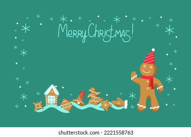 Christmas gingerbread man, house, tree, stars and Christmas figurines. Inscription, congratulations, text. Fancy cookies, a traditional holiday dessert. Winter holiday vector illustration.