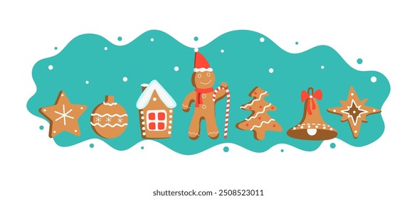 Christmas gingerbread man, house, tree, stars. Christmas figurines. New Year banner. Holiday cookies, traditional dessert, baking. Winter holiday, vector illustration, isolated background.