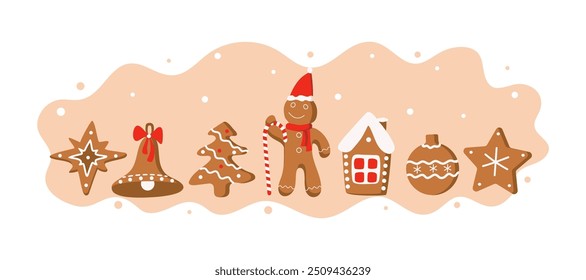 Christmas gingerbread man, house, tree, stars. Christmas figurines. New Year banner. Holiday cookies, traditional dessert, baking. Winter holiday, vector illustration, isolated background.