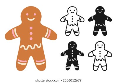 Christmas gingerbread man icon set. Graphic symbol New year. Xmas festive ginger cookie simple illustration. Sign for Christmas greeting card, postcard sticker invitation calendar web banner vector