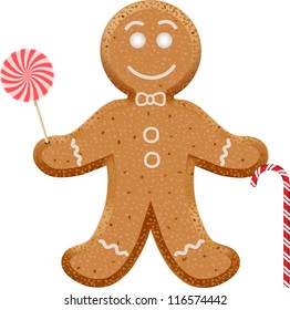 Christmas Gingerbread Man with lollipop and candy cane in hand
