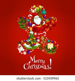 Christmas gingerbread man made up of Santa Claus, xmas tree with bauble ball, gift, presents, holly berry, snowman, bell, candle, ginger cookie, snowflake, poinsettia. Xmas greeting card design