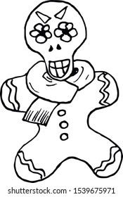 Christmas gingerbread man with Mexican face mask of the dead graphics black and white vector illustration