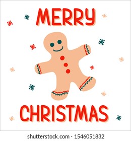 Christmas gingerbread man on a white background with a pattern of snowflakes in scandinavian hand drawn style with lettering. Vector illustration - suitable for a greeting card or banner