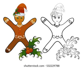Christmas gingerbread man in Santa Claus hat with mistletoe set. Abstract vector isolated illustration. Hand-drawn collection. Black and multicolored objects. Adult coloring book. Eps 8.