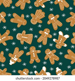 Christmas gingerbread man seamless pattern. New Year cookie. Ginger man pattern on a green background. Snow and snowflakes. Stock vector flat cartoon illustration.