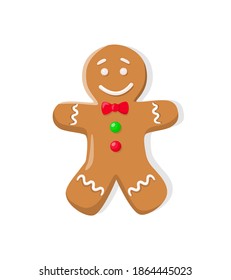 Christmas gingerbread of man, smiling boy with red bow and bright buttons. Traditional winter holiday ornament, bread shape of person vector isolated